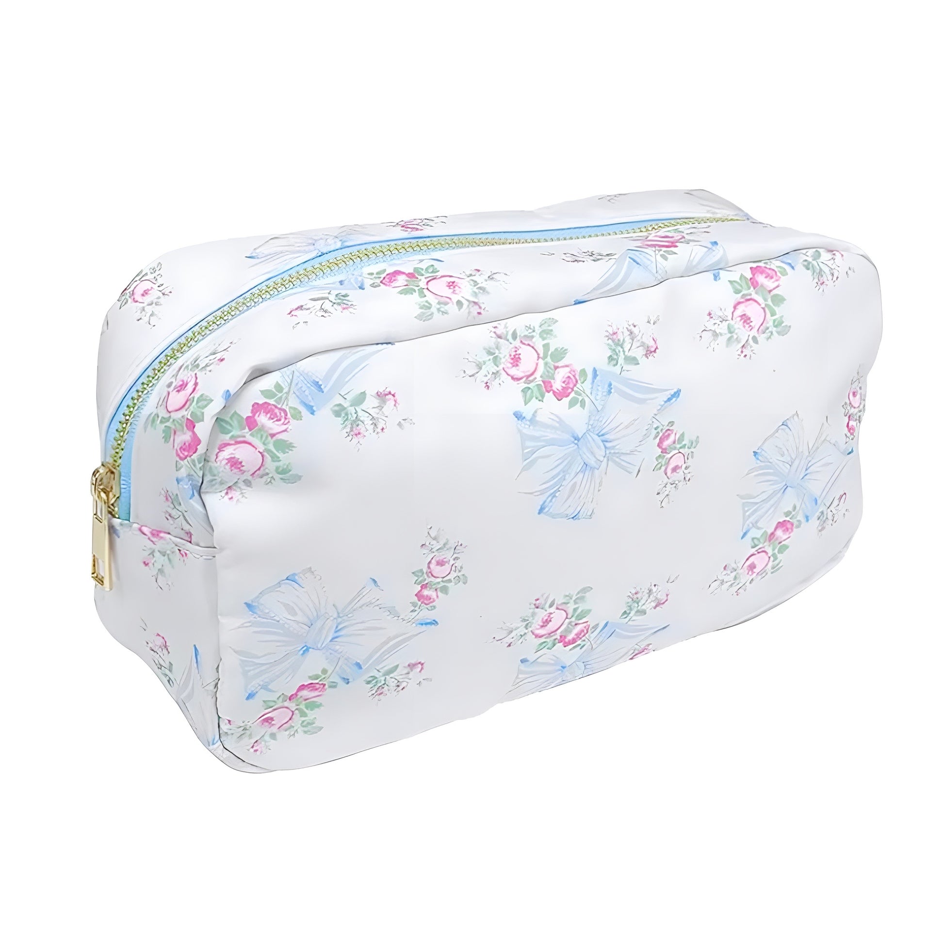Light blue, pink, and white floral bow print makeup bag with metallic zipper closure. Waterproof, lightweight, and vegan-friendly cosmetic pouch perfect for travel, vacation, or daily use. Coquette, feminine, and preppy design inspired by LoveshackFancy, Roller Rabbit, and Altard State. Ideal for organizing makeup, skincare, and accessories. Ships worldwide to US, UK, Canada, Australia, New Zealand, Europe, and Asia.

