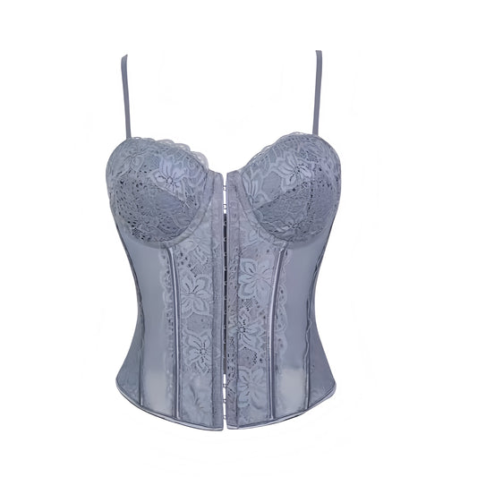 Light blue pastel blue grey blue ice blue floral flower patterned lace lace trim translucent transparent mesh slim fit bodycon silhouette corset bustier underwire push up v neck sweetheart neckline spaghetti strap sleeveless lace up back cinched waist adjustable camisole crop tank top bra bralette intimate lingerie underwear under garments shapewear womens teens ladies spring summer fall autumn winter 2026 feminine fashion coquette y2k chic trendy vintage retro evening party night out ships worldwide