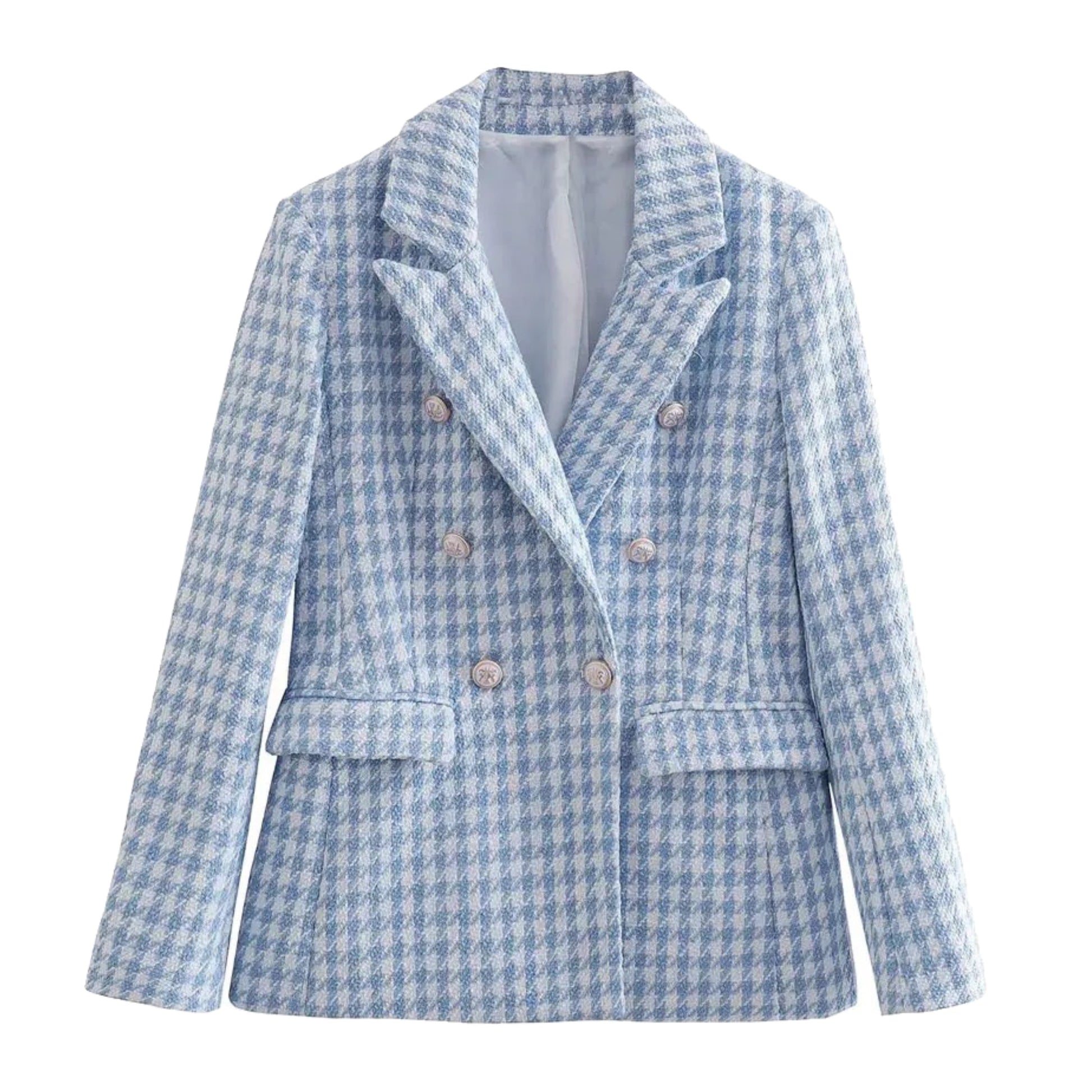 Light Blue Houndstooth Tweed Long Sleeve Tailored Blazer Jacket featuring a structured double-breasted silhouette, satin lining, front flap pockets, and collared neckline. Elegant and chic tweed outerwear for women and teens. Perfect for fall, autumn, and winter 2025 fashion. Ships globally and worldwide to the US, UK, Canada, Australia, Europe, and Asia.