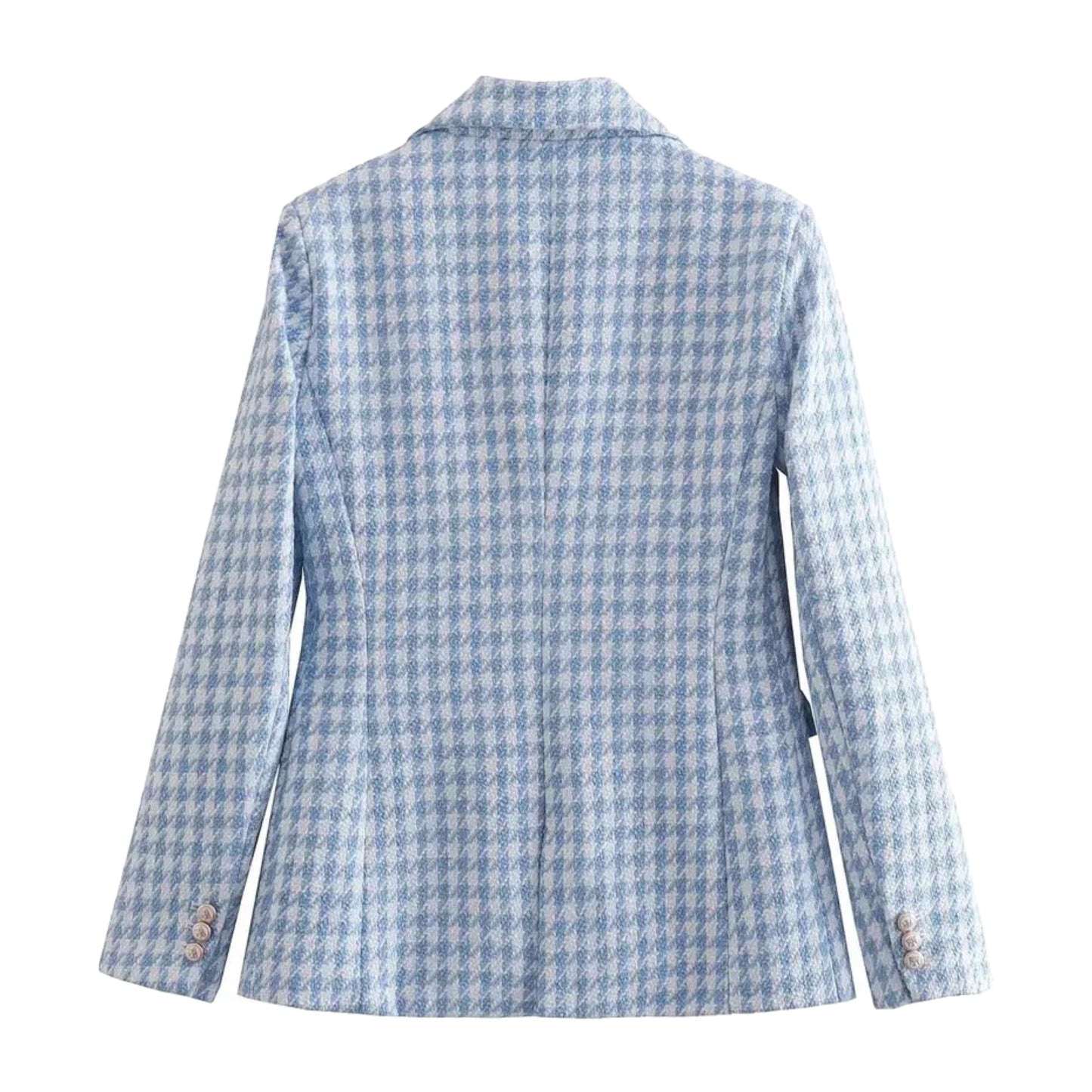 Light Blue Houndstooth Tweed Long Sleeve Tailored Blazer Jacket featuring a structured double-breasted silhouette, satin lining, front flap pockets, and collared neckline. Elegant and chic tweed outerwear for women and teens. Perfect for fall, autumn, and winter 2025 fashion. Ships globally and worldwide to the US, UK, Canada, Australia, Europe, and Asia.