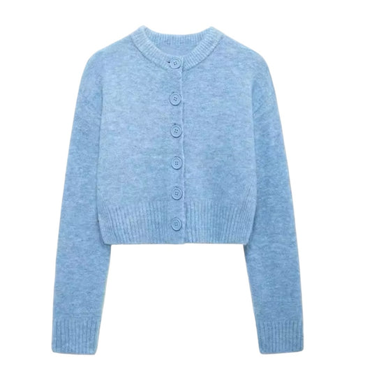 Light blue knit button-down long sleeve cropped cardigan sweater for women and teens, woolen chunky knit jumper with fuzzy soft cozy warm texture, elegant feminine trendy chic preppy casual streetwear knitwear for fall autumn winter 2025, Zara dupe and Aritzia-inspired Scandinavian minimalist sweater with global worldwide shipping to US UK Canada Europe Australia Asia from Dazey Hill.