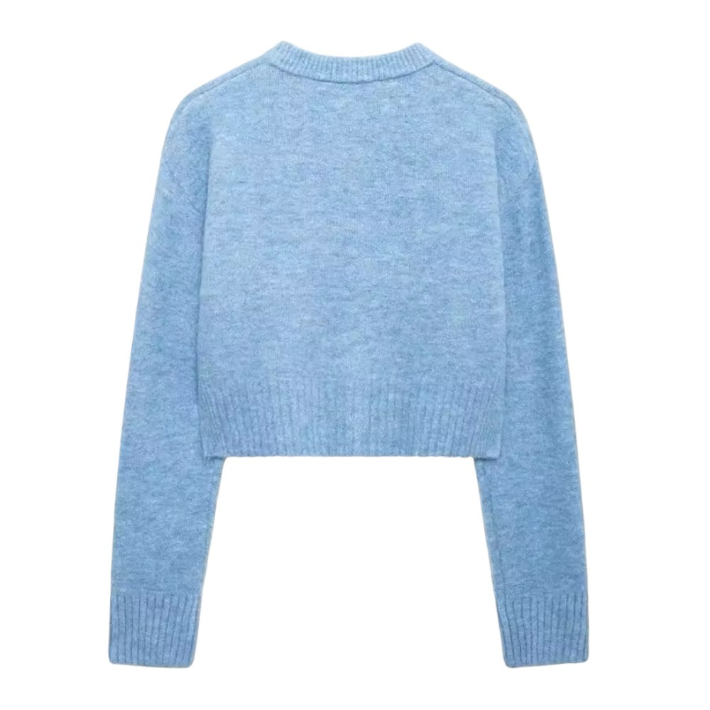 Light blue knit button-down long sleeve cropped cardigan sweater for women and teens, woolen chunky knit jumper with fuzzy soft cozy warm texture, elegant feminine trendy chic preppy casual streetwear knitwear for fall autumn winter 2025, Zara dupe and Aritzia-inspired Scandinavian minimalist sweater with global worldwide shipping to US UK Canada Europe Australia Asia from Dazey Hill.
