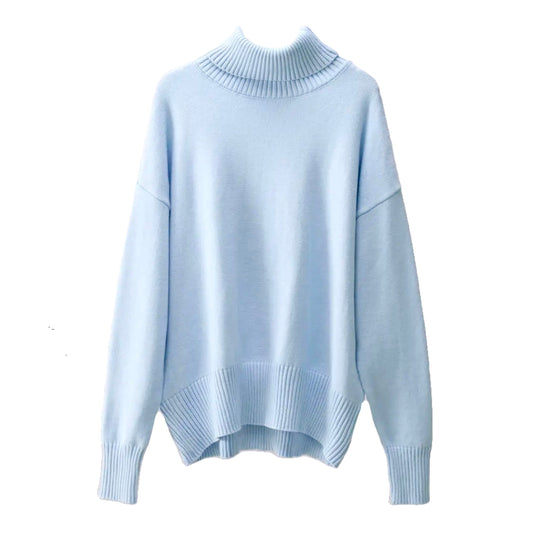 Light Blue Knit Woolen Turtleneck Oversized Pullover Sweater for women and teens. Soft, cozy, and warm ribbed knitwear with relaxed oversized fit and thick texture. Elegant baby blue, pastel blue, and sky blue chunky knit jumper perfect for fall, winter, and holiday outfits. Feminine Scandinavian, soft girl, and preppy aesthetic sweater. Ships globally and worldwide to the US, UK, Canada, Australia, Europe, Asia, and more.