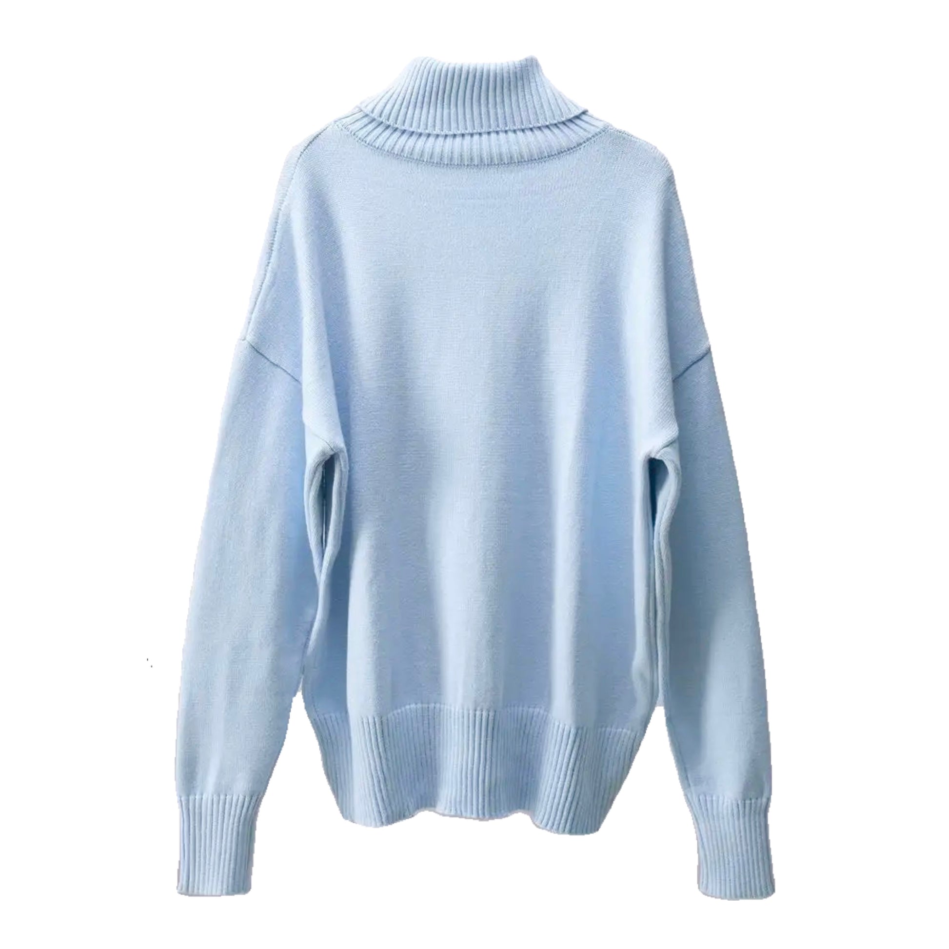 Light Blue Knit Woolen Turtleneck Oversized Pullover Sweater for women and teens. Soft, cozy, and warm ribbed knitwear with relaxed oversized fit and thick texture. Elegant baby blue, pastel blue, and sky blue chunky knit jumper perfect for fall, winter, and holiday outfits. Feminine Scandinavian, soft girl, and preppy aesthetic sweater. Ships globally and worldwide to the US, UK, Canada, Australia, Europe, Asia, and more.