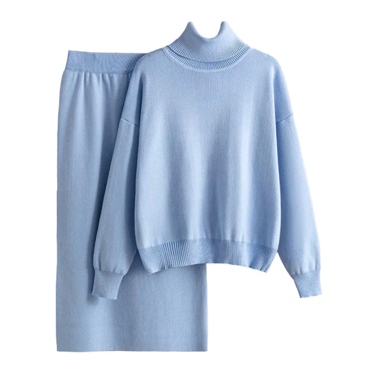 Light Blue Knit Woolen Turtleneck Long Sleeve Sweater & Maxi Skirt 2 Piece Set for women and teens. Soft, cozy, and ribbed knitwear set featuring a high-neck sweater and knitted maxi skirt. Elegant, feminine, and trendy matching outfit for fall, autumn, and winter 2025. Ships globally and worldwide to the US, UK, Canada, Australia, Europe, and Asia.