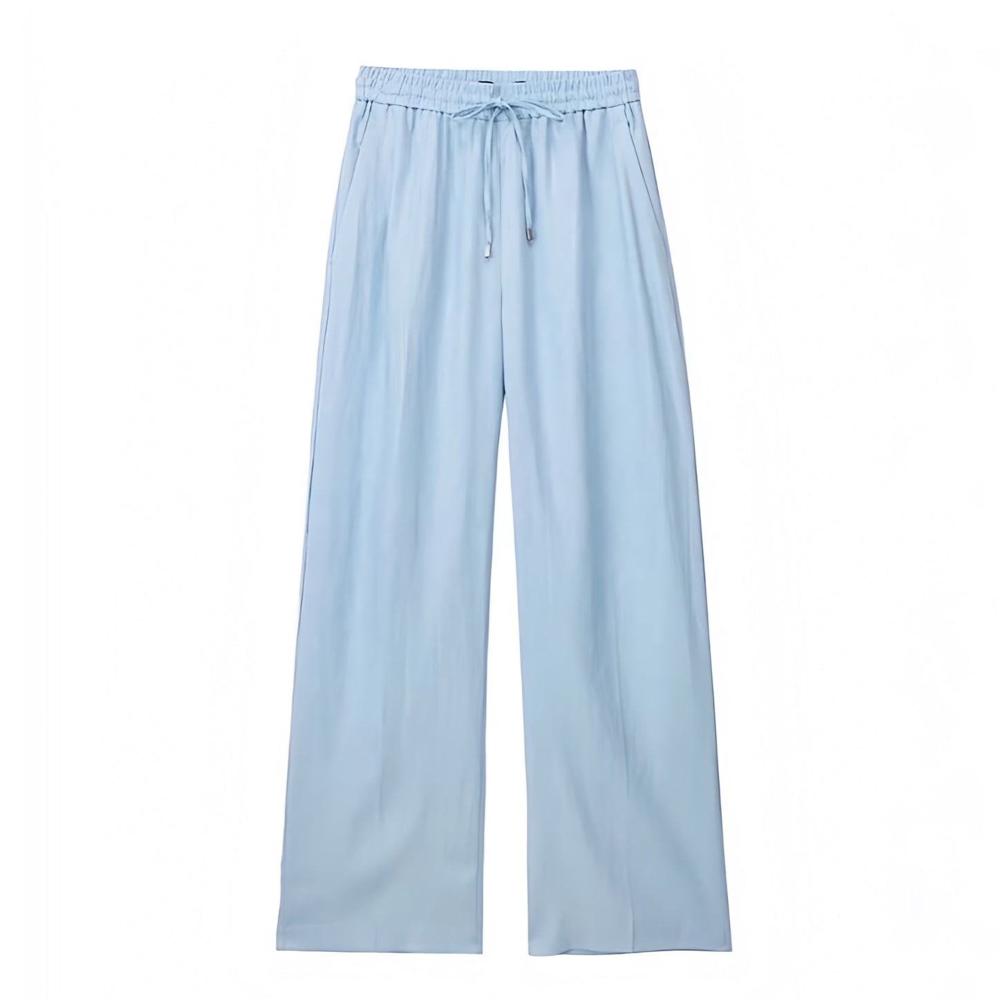 Light blue linen mid-rise wide leg drawstring pants for women featuring soft breathable fabric, adjustable waistband, and relaxed silhouette. Flowy and lightweight, perfect for summer, beach, or resort wear. Designed for chic minimalist style, coastal granddaughter fashion, and Scandinavian-inspired elegance. Ideal for vacations or everyday comfort. Ships worldwide to the US, UK, Canada, Australia, and across Europe and Asia.