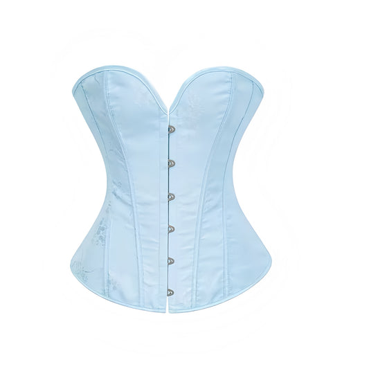 Light blue satin lace-up strapless bustier corset top with sweetheart neckline, slim fit bodycon silhouette, and floral patterned satin design. Sexy baby blue satin crop tube bustier top for women, teens, and ladies. Perfect for chic trendy evening looks, parties, night out, going out, club wear, rave, festival, and concert outfits. Styled with vintage retro coquette Y2K fashion aesthetics, it girl baddie style, and Halloween adults princess costume or halloweekend 2025 outfit. Ships globally worldwide.