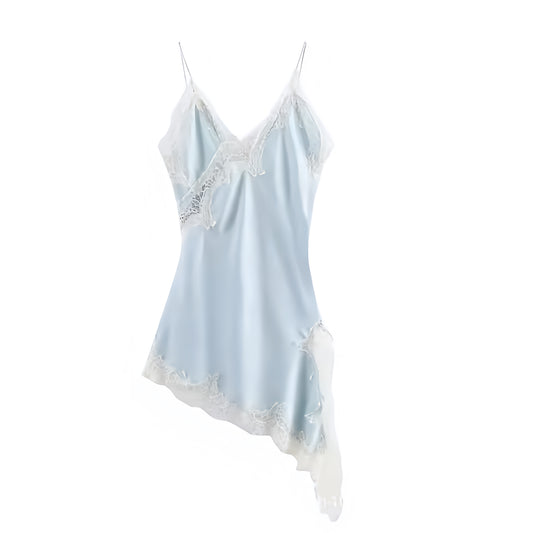 Light blue pastel blue ice blue white satin silk lace trim floral bodycon v-neck backless slip dress with sheath flowy ruffle trim plisse slim fit skinny fit A-line silhouette. Sleeveless spaghetti strap midi maxi dress for women, teens, and ladies. Chic trendy casual elegant sexy semi formal outfit for beach vacation, euro summer, Ibiza fashion, rave outfit, festival dress, music festival outfit, concert outfit, cocktail attire, club wear, night out, going out, boho chic style, coquette, fairycore, y2k.