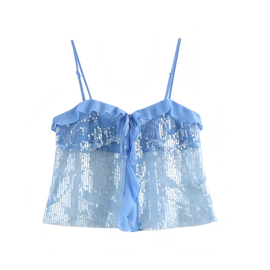 Light blue sequin embellished slim fit ruffle trim sweetheart neckline spaghetti strap sleeveless backless crop tank top blouse for women teens chic boho Ibiza style Y2K sexy it girl that girl trendy summer vacation rave concert festival party club fashion 2025 with worldwide global shipping USA Canada UK Europe Asia Australia