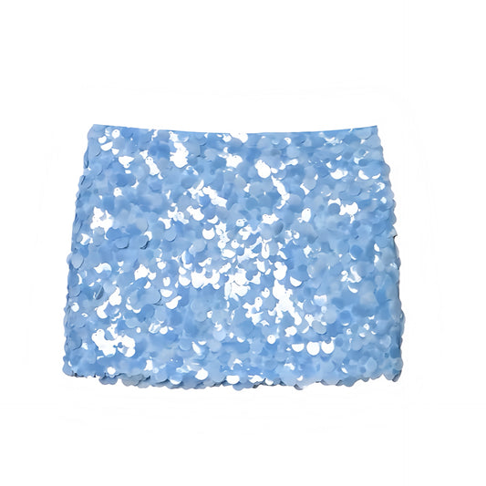 Light blue sequin embellished slim fit low-rise mini skirt, sparkly pencil/sheath short skirt for women/teens; feminine sexy Y2K it-girl that-girl Ibiza style festival rave concert Euro summer vacation party club chic boho bohemian trendy 2025. Ships worldwide to US, UK, EU, AU, Canada and more.