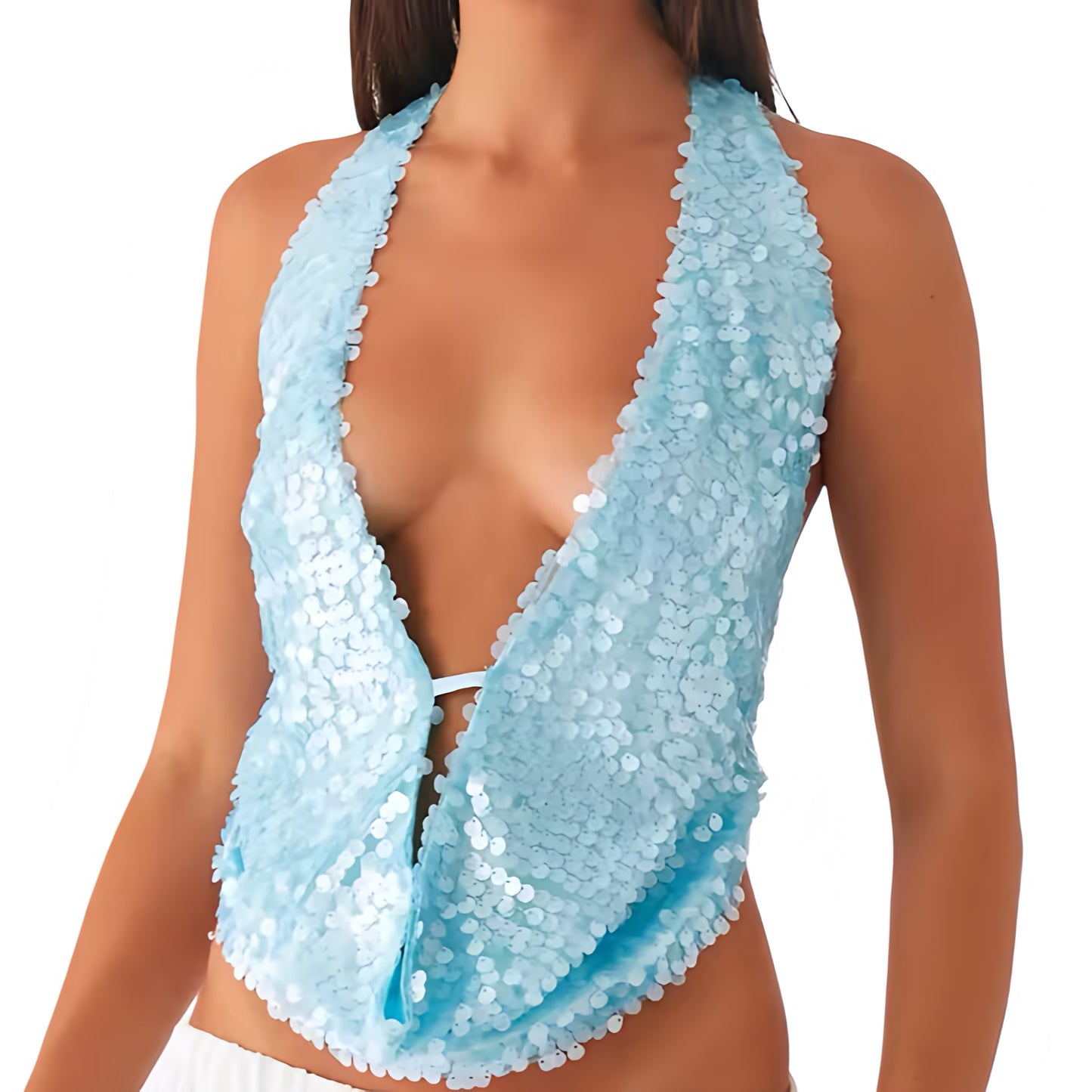 Light blue sequin v-neck backless halter top in baby blue, pastel blue and aquamarine with bead crochet, sequin, sequined, beaded, sparkly, shimmery and glittery detailing. Slim fit skinny fit sleeveless crop top with halter v neck, split neck, open back, cut out and hollow out design. Perfect for Y2K style, 2000s fashion, summer 2026, Ibiza outfits, beach vacation outfits, festival outfits, concert outfits, disco parties, mermaidcore, fairycore, tropicalcore, boho chic and baddie outfits.