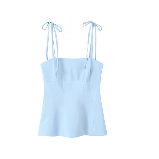 Light Blue Bow Spaghetti Strap Corset Bustier Slim Fit Bodcon Crop Tank Top Blouse with Peplum Flared Ruffle Trim Plissé Pleated Square Neckline Sleeveless Backless Y2K Trendy Preppy Summer 2025 Fashion
