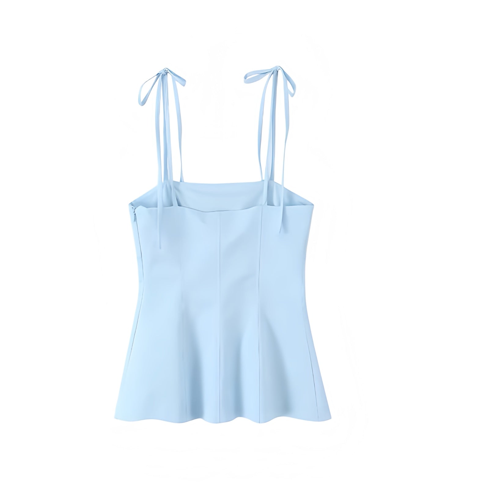 Light Blue Bow Spaghetti Strap Corset Bustier Slim Fit Bodcon Crop Tank Top Blouse with Peplum Flared Ruffle Trim Plissé Pleated Square Neckline Sleeveless Backless Y2K Trendy Preppy Summer 2025 Fashion