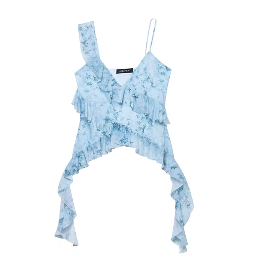 Light Blue Floral Print Multicolor Flower Patterned Layered Ruffle Trim V-Neck Slim Fit Spaghetti Strap Sleeveless Backless Crop Tank Top Blouse for Women and Teens Chic Preppy Summer 2025 Fashion