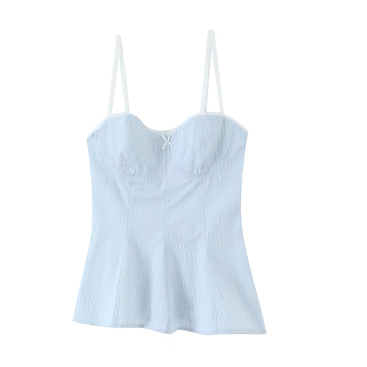 Light Blue Striped Bow Lace Trim Corset Camisole Tank Top Bustier Slim Fit Crop Blouse with Sweetheart Neckline Peplum Flared Ruffle Trim Plissé Pleated Sleeveless Backless Preppy Y2K Summer 2025 Fashion Available worldwide with fast shipping to US, UK, Canada, Australia, France, Germany, Denmark, Europe, and Asia.