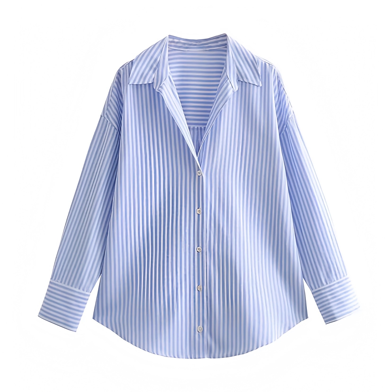 Light blue and white striped seersucker linen shirt featuring a soft, breathable cotton blend fabric and a relaxed oversized fit. Designed with long sleeves, a v-neck collar, and single-breasted button-down front for a classic and elegant silhouette. Perfect for coastal, resort, and Euro summer wear with a minimalist, preppy style. Ships globally and worldwide to the US, UK, Canada, Australia, New Zealand, Europe, Asia, and beyond.

