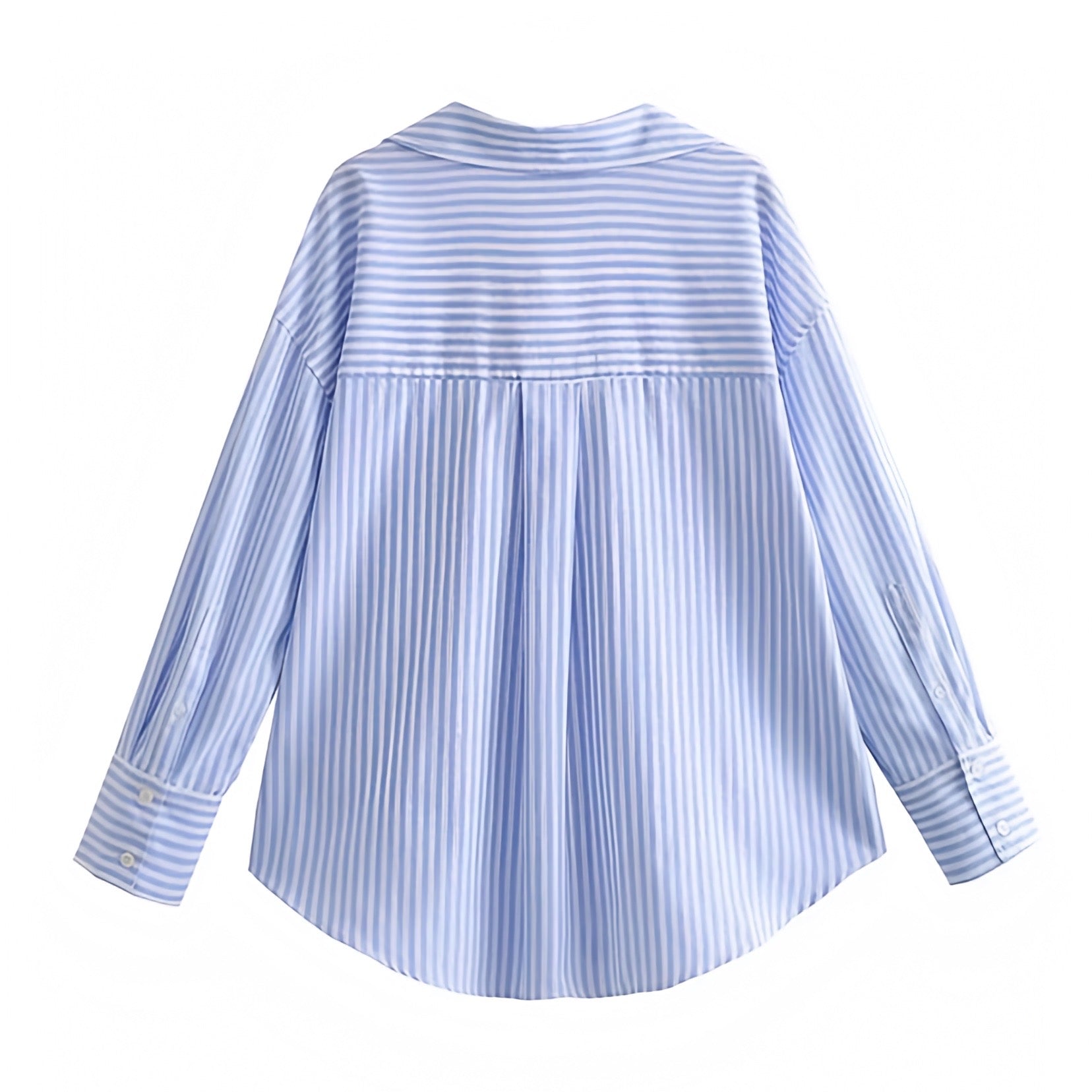 Light blue and white striped seersucker linen shirt featuring a soft, breathable cotton blend fabric and a relaxed oversized fit. Designed with long sleeves, a v-neck collar, and single-breasted button-down front for a classic and elegant silhouette. Perfect for coastal, resort, and Euro summer wear with a minimalist, preppy style. Ships globally and worldwide to the US, UK, Canada, Australia, New Zealand, Europe, Asia, and beyond.

