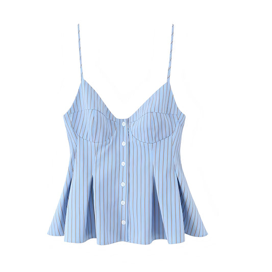 Light blue striped camisole corset tank top with slim fit seersucker fabric. Bustier bodycon crop blouse featuring v neck, sweetheart neckline, spaghetti straps, button-down detail, sleeveless and backless chic silhouette. Women’s and teens’ summer and fall 2025 fashion. Feminine elegant coquette Y2K chic trendy style for casual everyday wear, holiday, vacation, school, sorority, rush, evening, party, night out, going out, sexy club wear, euro summer, coastal style, coastal granddaughter, preppy style