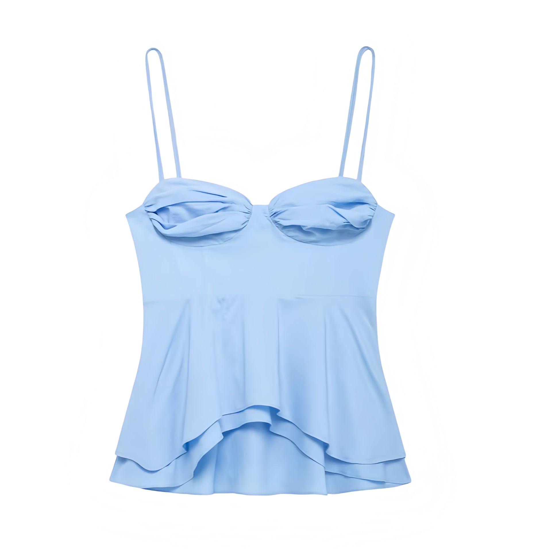 Light blue sweetheart neckline camisole corset tank top with slim fit bustier bodycon silhouette. Sleeveless backless crop blouse with spaghetti straps, ruffle trim, layered ruffles, plisse, flared peplum feminine details. Women’s and teens’ summer and fall 2025 fashion. Chic coquette Y2K trendy elegant casual everyday wear. Perfect for holiday, vacation, school, sorority rush, evening, party, night out, going out, sexy club wear, beach, boho chic, bohemian, euro summer, Stockholm style, coastal style