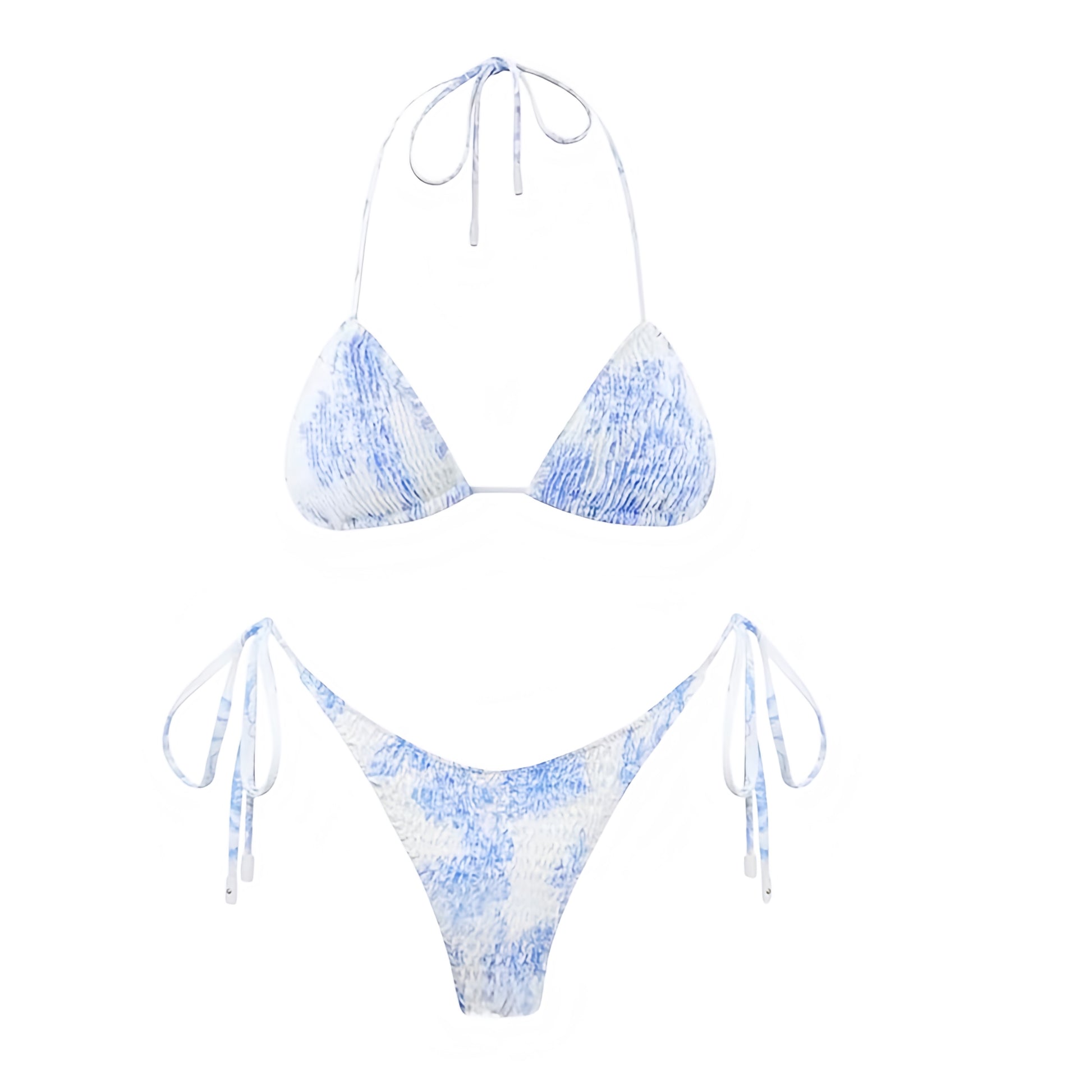 Light Blue & White Floral Print Ruched 2 Piece Triangle Bikini Set for women, teens, and ladies. Features floral patterned ruched ribbed wireless wire-free push up bikini top with halter v neck spaghetti straps, sleeveless backless string tie design, and matching bottoms in cheeky thong or full coverage. Sexy feminine Y2K chic trendy summer 2025 swimwear, tropical Hawaii vacation, Euro summer Greece coastal granddaughter aesthetic, Hamptons and Nantucket preppy style, beach club, and resort wear. 