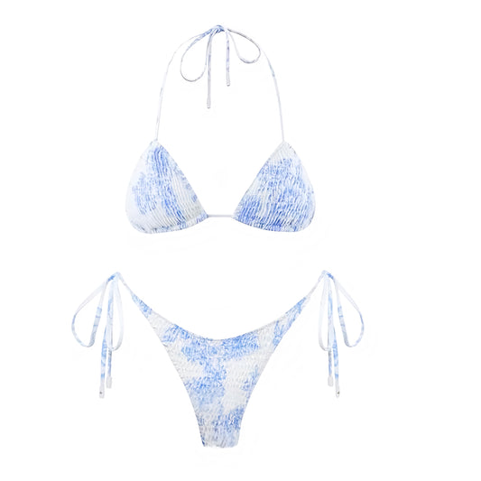 Light Blue & White Floral Print Ruched 2 Piece Triangle Bikini Set for women, teens, and ladies. Features floral patterned ruched ribbed wireless wire-free push up bikini top with halter v neck spaghetti straps, sleeveless backless string tie design, and matching bottoms in cheeky thong or full coverage. Sexy feminine Y2K chic trendy summer 2025 swimwear, tropical Hawaii vacation, Euro summer Greece coastal granddaughter aesthetic, Hamptons and Nantucket preppy style, beach club, and resort wear. 
