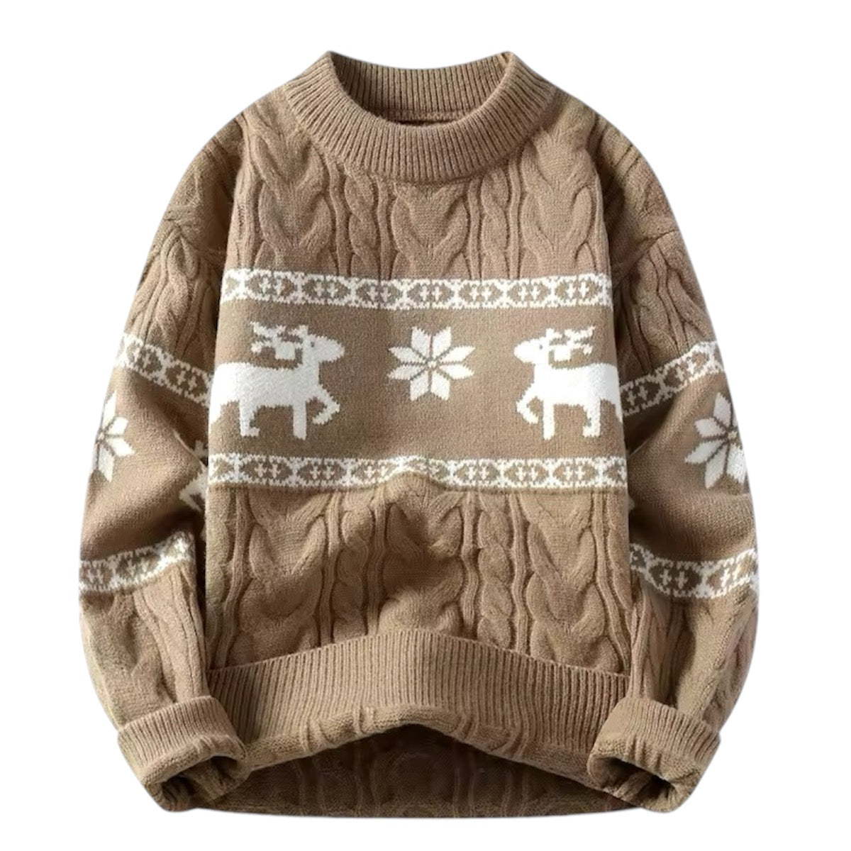 Light brown cable knit reindeer snowflake geometric Fair Isle patterned long sleeve pullover sweater with soft chunky knit texture, breathable knitwear fabric, ribbed cuffs and hem and Scandinavian winter design. Cozy warm holiday jumper for women and teens, ideal for Christmas parties, everyday winter outfits, apres ski looks, snow trips and seasonal fashion. Global worldwide shipping available to US, Australia, New Zealand, UK, Canada, Europe, Asia and more.

