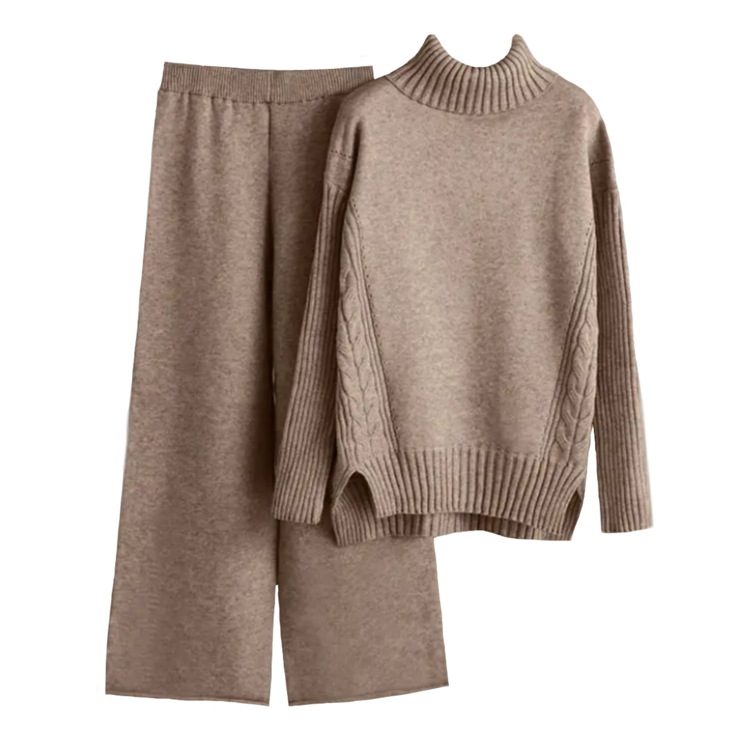 Light Brown Cable Knit Turtleneck Sweater & Pants 2 Piece Set for women and teens. Soft, comfy, cozy, and warm matching knitwear outfit featuring a chunky turtleneck sweater and wide-leg knit pants. Elegant and trendy neutral loungewear set perfect for fall, autumn, and winter 2025 fashion. Ships globally and worldwide to the US, UK, Canada, Australia, Europe, and Asia.