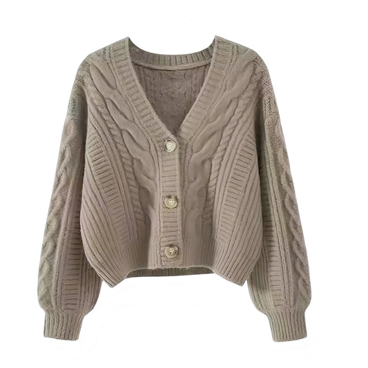 Light brown cable knit v-neck cropped cardigan sweater with buttons, oversized chunky knit jumper for women and teens. Soft, warm, cozy, and elegant knitwear in neutral chocolate brown tones. Perfect for fall, autumn, and winter 2025. Feminine preppy casual fashion style inspired by pumpkin spice and Uggs. Ships worldwide to US, UK, Canada, Australia, New Zealand, Europe, Asia, France, Germany, Italy, Sweden, Spain, Denmark, Netherlands, Poland, Ireland, Switzerland, and Finland.