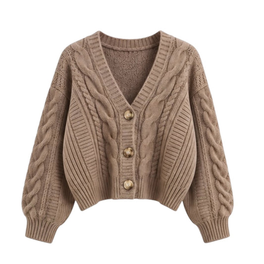 Light brown cable knit v-neck cropped cardigan sweater with buttons, oversized chunky knit jumper for women and teens. Soft, warm, cozy, and elegant knitwear in neutral chocolate brown tones. Perfect for fall, autumn, and winter 2025. Feminine preppy casual fashion style inspired by pumpkin spice and Uggs. Ships worldwide to US, UK, Canada, Australia, New Zealand, Europe, Asia, France, Germany, Italy, Sweden, Spain, Denmark, Netherlands, Poland, Ireland, Switzerland, and Finland.