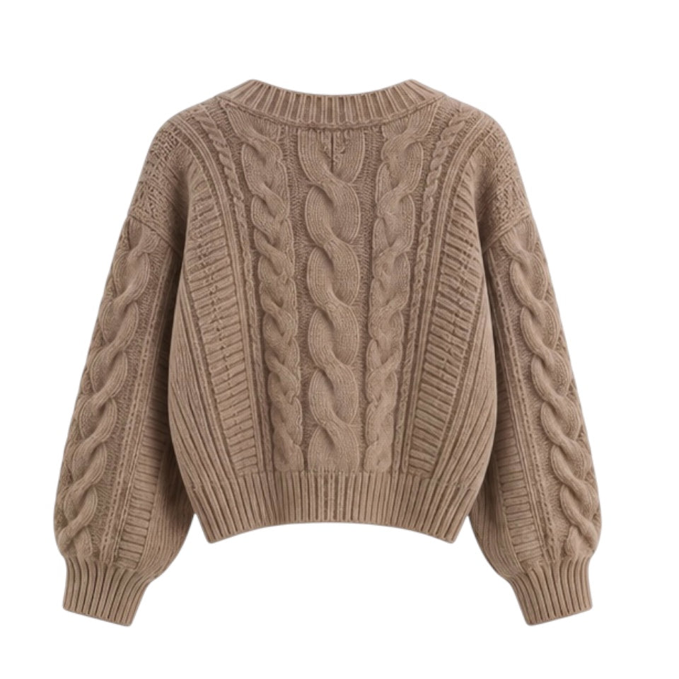 Light brown cable knit v-neck cropped cardigan sweater with buttons, oversized chunky knit jumper for women and teens. Soft, warm, cozy, and elegant knitwear in neutral chocolate brown tones. Perfect for fall, autumn, and winter 2025. Feminine preppy casual fashion style inspired by pumpkin spice and Uggs. Ships worldwide to US, UK, Canada, Australia, New Zealand, Europe, Asia, France, Germany, Italy, Sweden, Spain, Denmark, Netherlands, Poland, Ireland, Switzerland, and Finland.