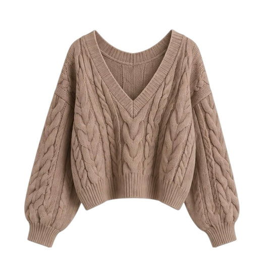 Light brown cable knit v-neck cropped long sleeve sweater for women featuring soft chunky knit fabric with woolen texture, ribbed cuffed sleeves, lightweight yet warm and breathable construction, and relaxed oversized fit. Cozy mocha and chocolate brown knitwear jumper perfect for autumn, fall, and winter 2025 and 2026, Scandinavian Stockholm style, minimalist everyday outfits, school and university fashion. Ships worldwide.