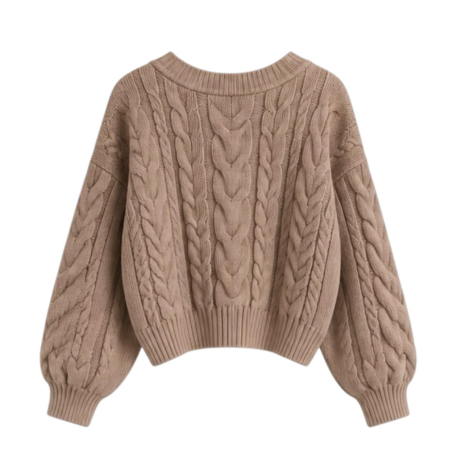 Light brown cable knit v-neck cropped long sleeve sweater for women featuring soft chunky knit fabric with woolen texture, ribbed cuffed sleeves, lightweight yet warm and breathable construction, and relaxed oversized fit. Cozy mocha and chocolate brown knitwear jumper perfect for autumn, fall, and winter 2025 and 2026, Scandinavian Stockholm style, minimalist everyday outfits, school and university fashion. Ships worldwide.