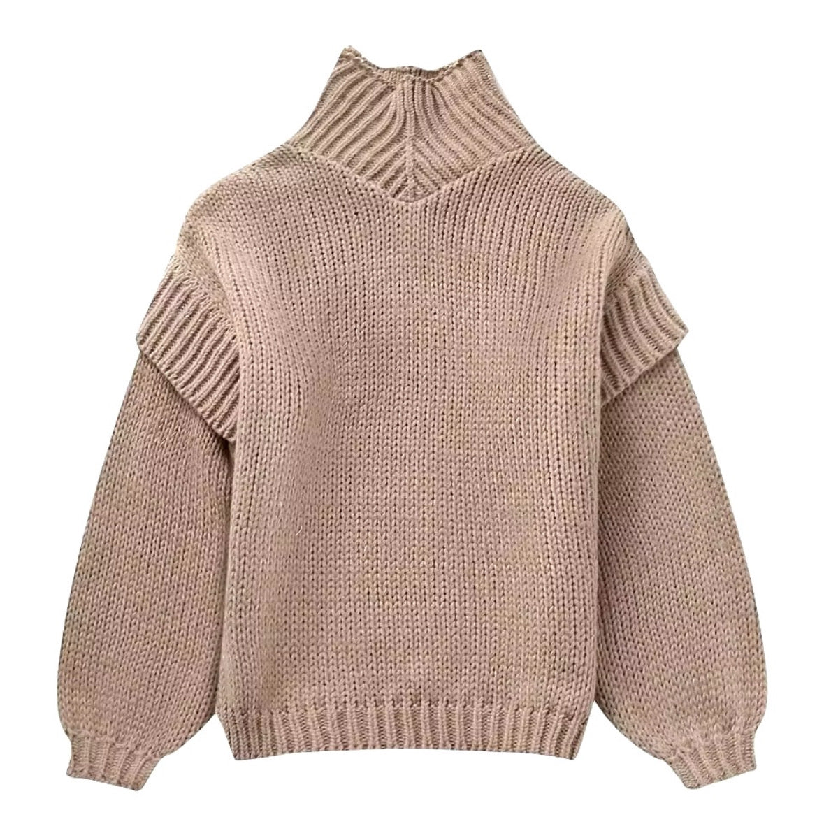 Light Brown Chunky Knit Oversized Balloon Sleeve Turtleneck Pullover Sweater for women and teens. Soft, cozy, thick ribbed knitwear with long sleeves, cuffed hem, and relaxed oversized fit. Stylish beige and tan chunky knit jumper perfect for fall, winter, and holiday outfits. Elegant Scandinavian, soft girl, clean girl, and old money aesthetic knitwear. Ships globally and worldwide to US, UK, Canada, Australia, Europe, Asia, and more.