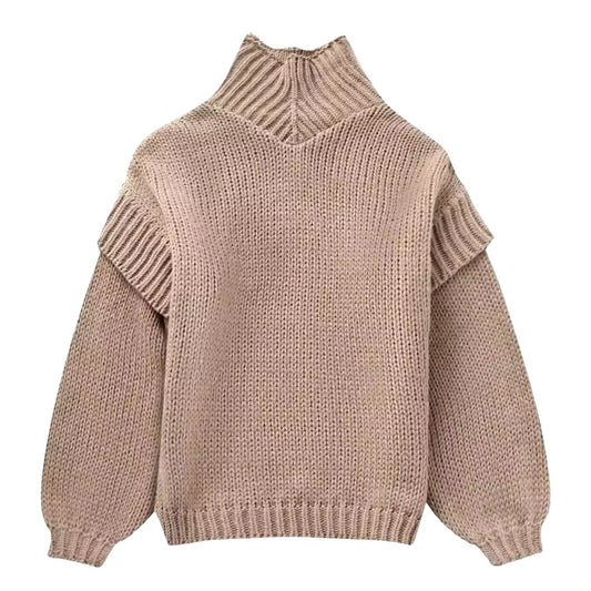 Light Brown Chunky Knit Oversized Balloon Sleeve Turtleneck Pullover Sweater for women and teens. Soft, cozy, thick ribbed knitwear with long sleeves, cuffed hem, and relaxed oversized fit. Stylish beige and tan chunky knit jumper perfect for fall, winter, and holiday outfits. Elegant Scandinavian, soft girl, clean girl, and old money aesthetic knitwear. Ships globally and worldwide to US, UK, Canada, Australia, Europe, Asia, and more.