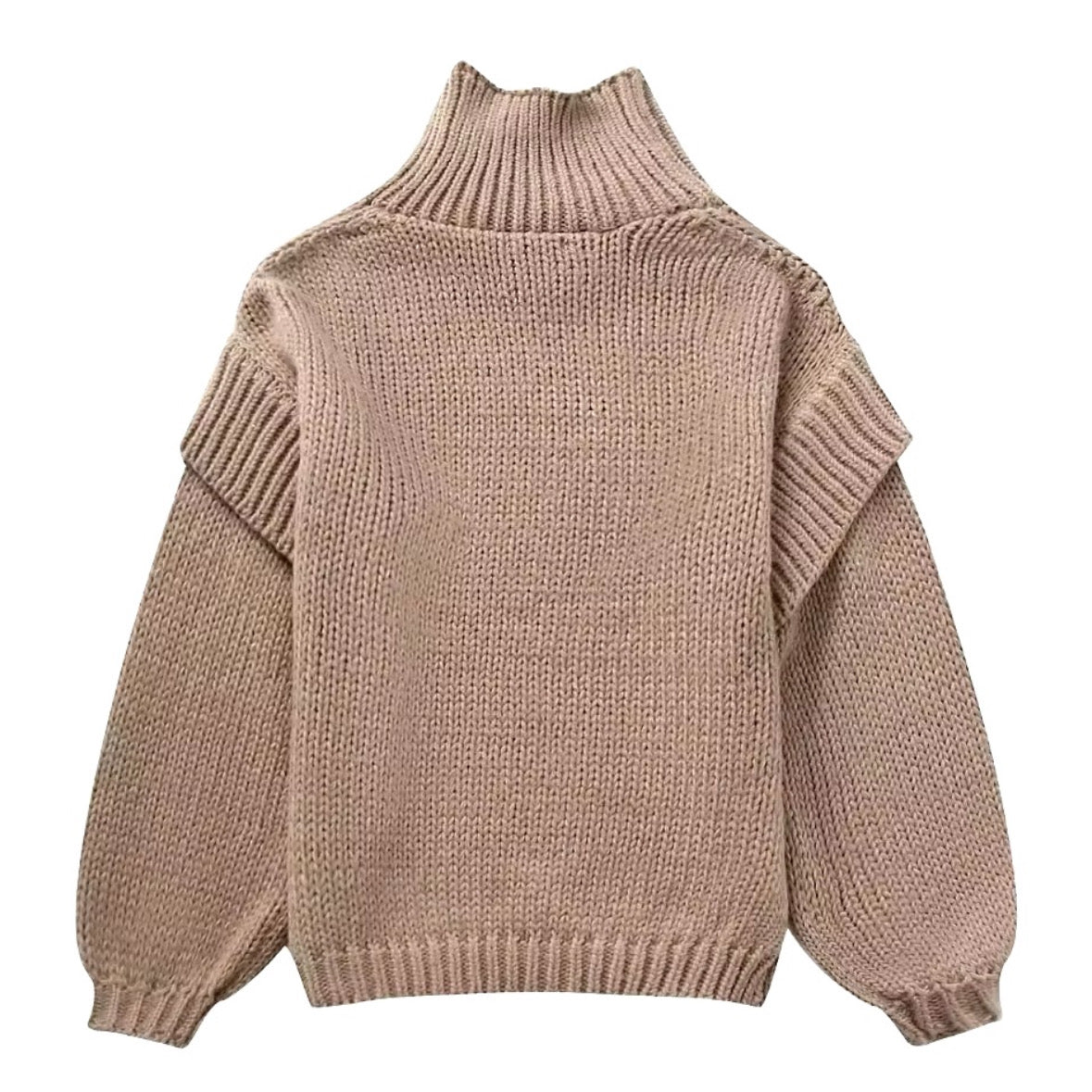 Light Brown Chunky Knit Oversized Balloon Sleeve Turtleneck Pullover Sweater for women and teens. Soft, cozy, thick ribbed knitwear with long sleeves, cuffed hem, and relaxed oversized fit. Stylish beige and tan chunky knit jumper perfect for fall, winter, and holiday outfits. Elegant Scandinavian, soft girl, clean girl, and old money aesthetic knitwear. Ships globally and worldwide to US, UK, Canada, Australia, Europe, Asia, and more.