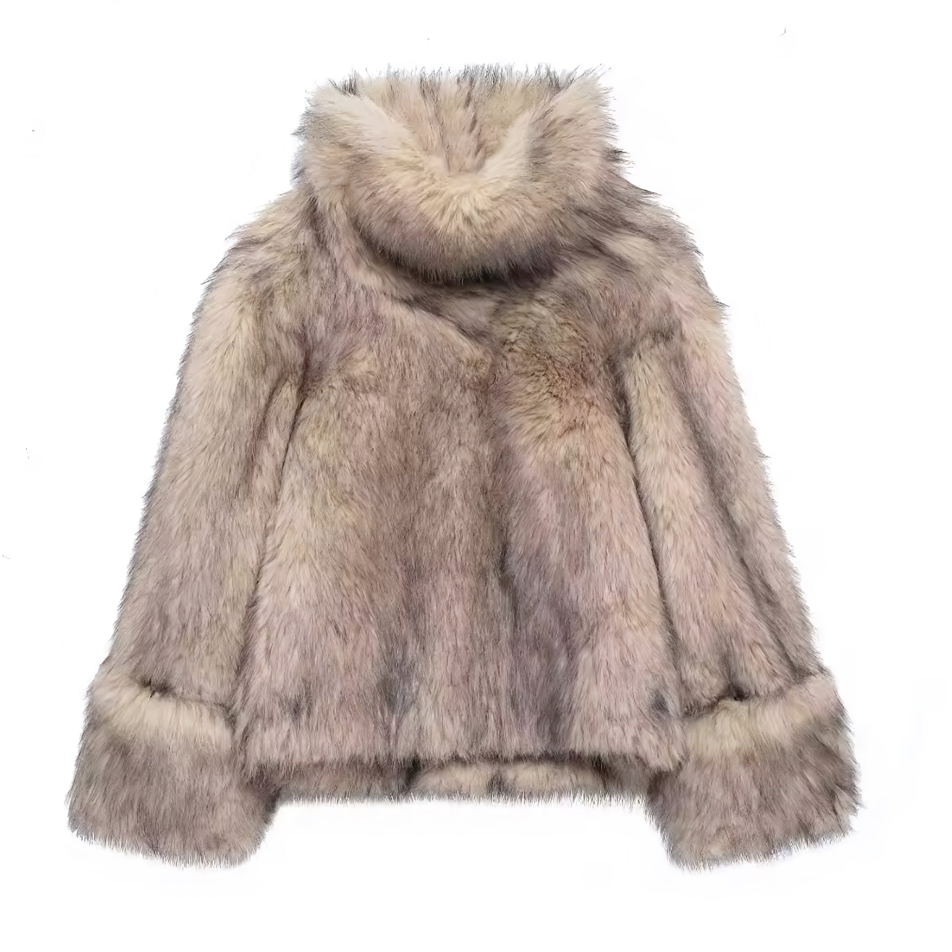 Light brown faux fur oversized cropped pullover coat with turtleneck for women and teens, satin lined soft fuzzy cozy warm thick luxury faux fur jacket, elegant beige multicolor feminine Y2K chic outerwear for fall autumn winter 2025, stylish Scandinavian Copenhagen streetwear ski trip apres ski snow day outfit, cool girl it girl fashion with global worldwide shipping to US UK Canada Australia Europe and Asia.