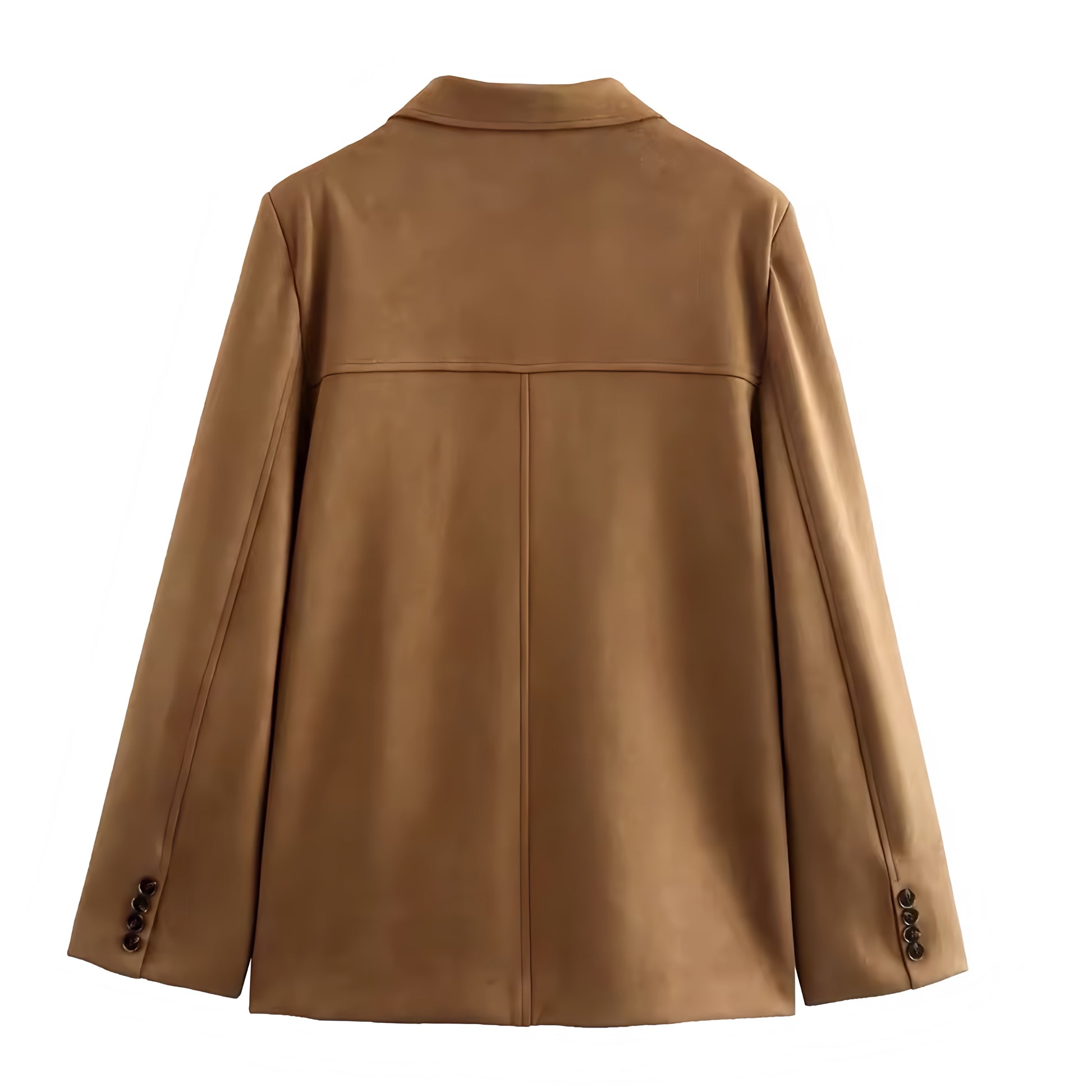 Light brown faux suede leather oversized button-down long sleeve jacket for women and teens, tan khaki soft warm thick luxury coat with collared v-neck split neckline, elegant feminine trendy Y2K chic retro western vintage fashionable outerwear for fall autumn winter 2025, Scandinavian Copenhagen streetwear and old money style Zara dupe and Aritzia-inspired look, with global worldwide shipping to US UK Canada Australia Europe and Asia.