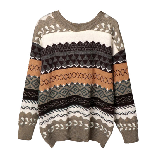 Light brown knit geometric oversized pullover sweater with white, grey, black, orange, and dark brown autumnal tones. Features Nordic Fair Isle design, diamond motifs, triangle patterns, and Scandinavian line work. Soft, cozy, warm, breathable chunky knit long sleeve crewneck jumper for women and teens. Vintage retro, boho chic, winter holiday fashion perfect for ski trips, snow days, casual everyday outfits, and global worldwide shipping available.

