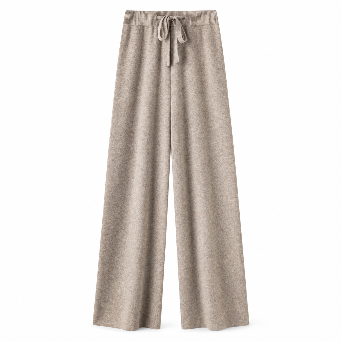 Light brown oatmeal beige knit wide leg fleece pants for women with soft sweater-knit construction, ribbed fitted drawstring mid-rise waistband, relaxed baggy fit and full-length draped wide legs. Warm cozy elevated loungewear and knit trousers for fall winter 2026, neutral, minimalist, quiet luxury, old money, Scandi, Stockholm, Copenhagen, Parisian, preppy, clean girl, casual chic, airport, travel, college and everyday outfits.

