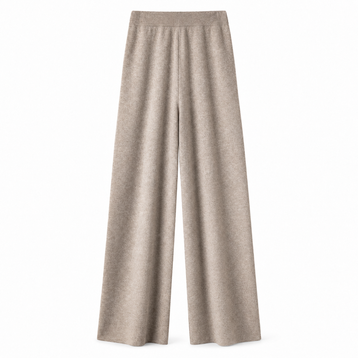 Light brown oatmeal beige knit wide leg fleece pants for women with soft sweater-knit construction, ribbed fitted drawstring mid-rise waistband, relaxed baggy fit and full-length draped wide legs. Warm cozy elevated loungewear and knit trousers for fall winter 2026, neutral, minimalist, quiet luxury, old money, Scandi, Stockholm, Copenhagen, Parisian, preppy, clean girl, casual chic, airport, travel, college and everyday outfits.

