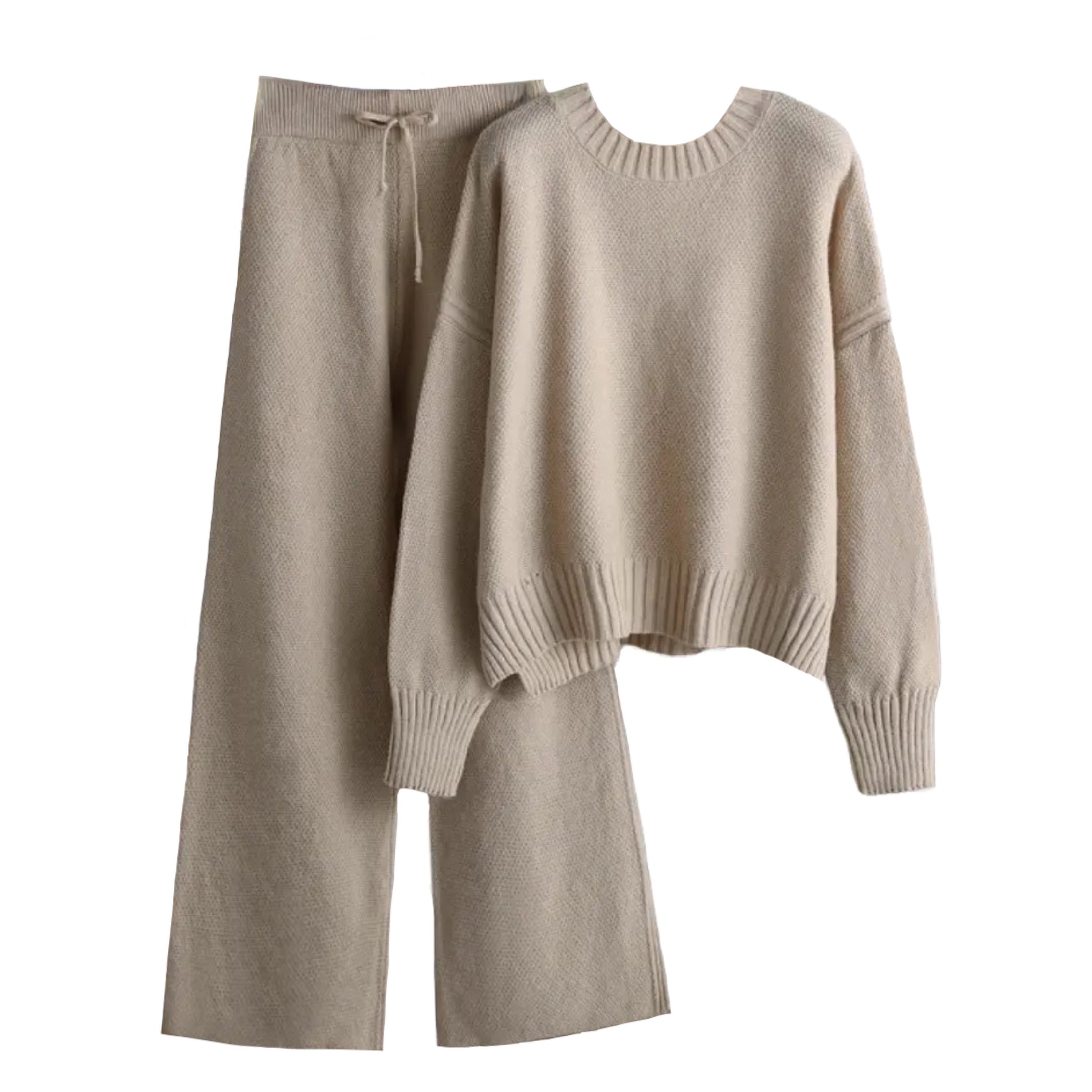 Light Brown Knitted Pullover Sweater & Pants 2 Piece Set for women and teens. Soft, comfy, and cozy knitwear outfit featuring a long sleeve crewneck sweater and high-waisted wide-leg knit pants. Elegant, feminine, and neutral loungewear set perfect for fall, autumn, and winter 2025. Ships globally and worldwide to the US, UK, Canada, Australia, Europe, and Asia.