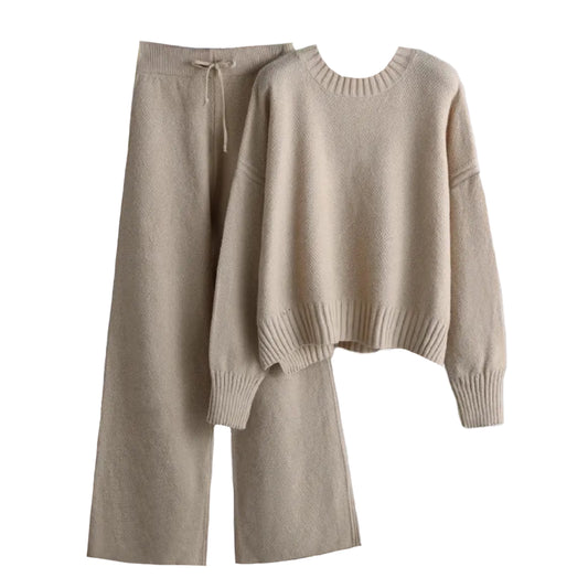 Light Brown Knitted Pullover Sweater & Pants 2 Piece Set for women and teens. Soft, comfy, and cozy knitwear outfit featuring a long sleeve crewneck sweater and high-waisted wide-leg knit pants. Elegant, feminine, and neutral loungewear set perfect for fall, autumn, and winter 2025. Ships globally and worldwide to the US, UK, Canada, Australia, Europe, and Asia.