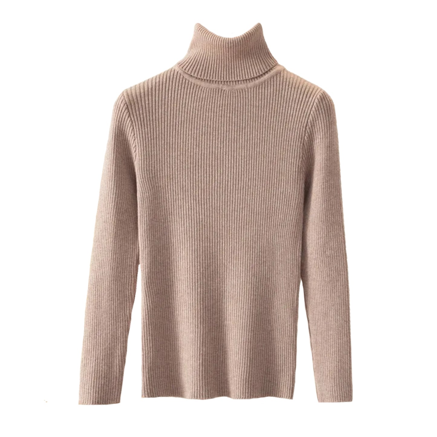 Light Brown Knitted Ribbed Slim Fit Long Sleeve Turtleneck Sweater Top for women and teens. Soft, lightweight, and cozy knitwear with a tight-fitting silhouette and high neckline. Elegant, trendy, and feminine layering top perfect for fall, winter, and everyday outfits. Scandinavian, soft girl, clean girl, and preppy aesthetic knitwear. Ships globally and worldwide to the US, UK, Canada, Australia, Europe, Asia, and more.