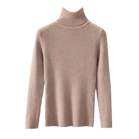 Light Brown Knitted Ribbed Slim Fit Long Sleeve Turtleneck Sweater Top for women and teens. Soft, lightweight, and cozy knitwear with a tight-fitting silhouette and high neckline. Elegant, trendy, and feminine layering top perfect for fall, winter, and everyday outfits. Scandinavian, soft girl, clean girl, and preppy aesthetic knitwear. Ships globally and worldwide to the US, UK, Canada, Australia, Europe, Asia, and more.
