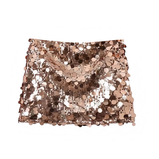 Light brown sequin embellished slim fit low-rise mini skirt, sparkly pencil/sheath; feminine boho Ibiza style festival party club rave concert Euro summer vacation trendy Y2K it-girl that-girl sexy chic 2025. Ships worldwide to US, UK, EU, AU, Canada & more.