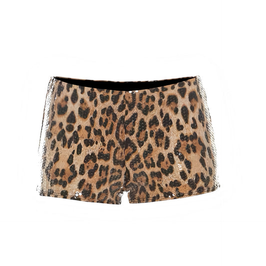 Light brown sequin leopard print micro shorts with brown tan beige black cheetah print animal print patterened multicolor sequin embellished beaded sparkly shimmery glittery slim fit bodycon skinny fit low rise low waisted short shorts mini shorts hot pants cut shorts for womens teens ladies y2k style 2000s fashion chic trendy party night out club wear disco outfit rave shorts festival concert ibiza style rock chic baddie street wear retro style.

