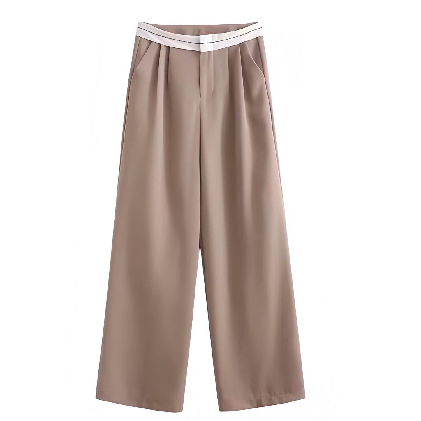 Light brown and white mid-rise pleated tailored straight leg trouser pants for women featuring a sporty contrast waistband and smooth woven suiting fabric. Sleek and structured with a modern sport-luxe design. Perfect for chic everyday outfits, Scandinavian minimalist looks, or office siren style. Elegant neutral tone and flattering tailored fit. Ships worldwide to the US, UK, Canada, Australia, Europe, and Asia.