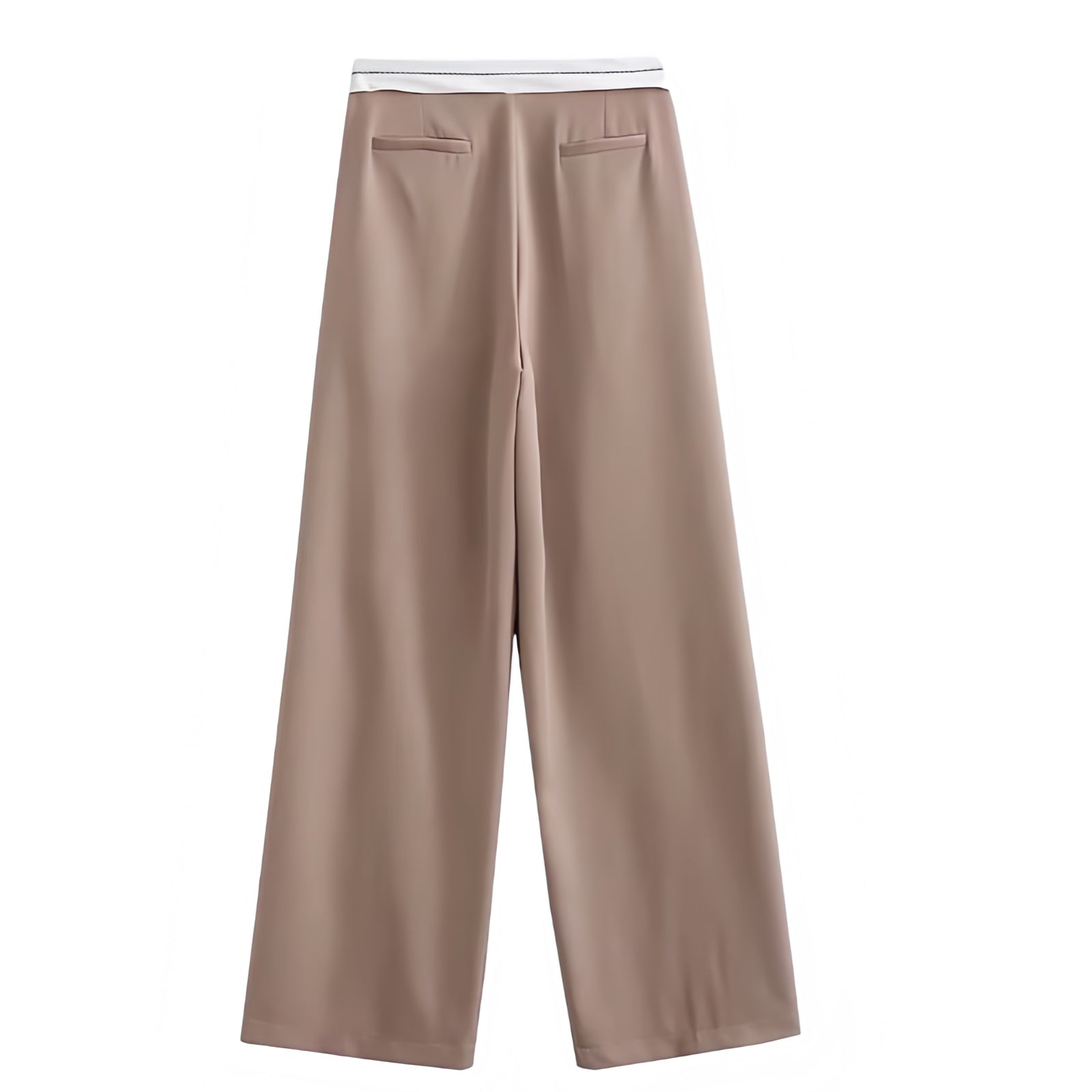 Light brown and white mid-rise pleated tailored straight leg trouser pants for women featuring a sporty contrast waistband and smooth woven suiting fabric. Sleek and structured with a modern sport-luxe design. Perfect for chic everyday outfits, Scandinavian minimalist looks, or office siren style. Elegant neutral tone and flattering tailored fit. Ships worldwide to the US, UK, Canada, Australia, Europe, and Asia.