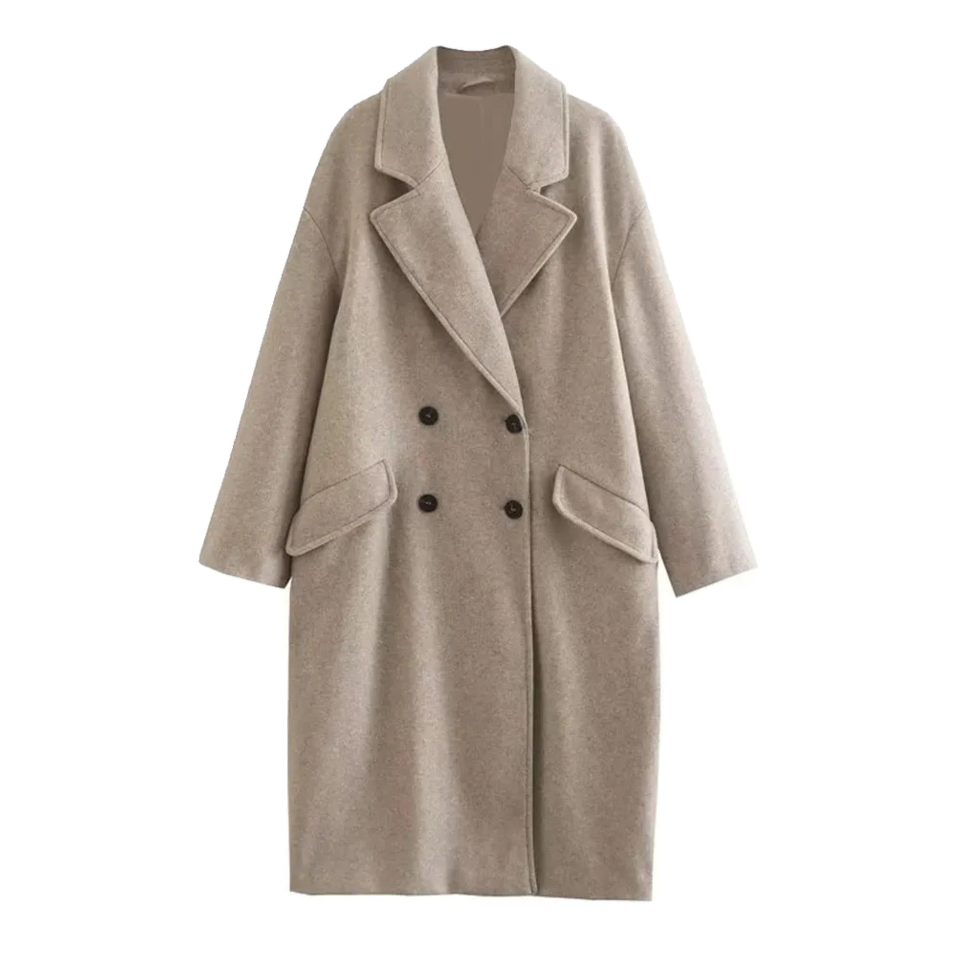 Light brown woolen oversized trench coat for women with double breasted black buttons, tailored long sleeve design, wide lapel collar, warm and thick wool blend outerwear, soft cozy winter jacket, elevated minimalist fashion, Scandinavian street style coat, classy neutral fall and winter outfit, womens fashion outerwear that ships worldwide including US, Canada, Australia, UK, Europe, Asia.