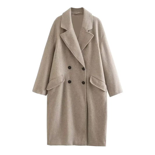 Light brown woolen oversized trench coat for women with double breasted black buttons, tailored long sleeve design, wide lapel collar, warm and thick wool blend outerwear, soft cozy winter jacket, elevated minimalist fashion, Scandinavian street style coat, classy neutral fall and winter outfit, womens fashion outerwear that ships worldwide including US, Canada, Australia, UK, Europe, Asia.